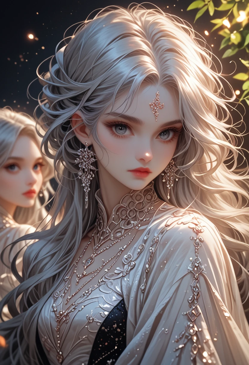 masterpiece, Superb fashion, (fashion Costume), (illustration), (2 people), Beautiful Young Couple, (Russian Mill Style), fashion, silver hair, (long hair), (dirty hair), (White skin), (dark circles), Beautiful, Dance steps, trend, dark grey,, Close-up, (grandiose background), (chiaroscuro)), Мелкие Detailed faces, Detailed faces, cinematic lighting, (depth of field), uhd, (upper body), Black background