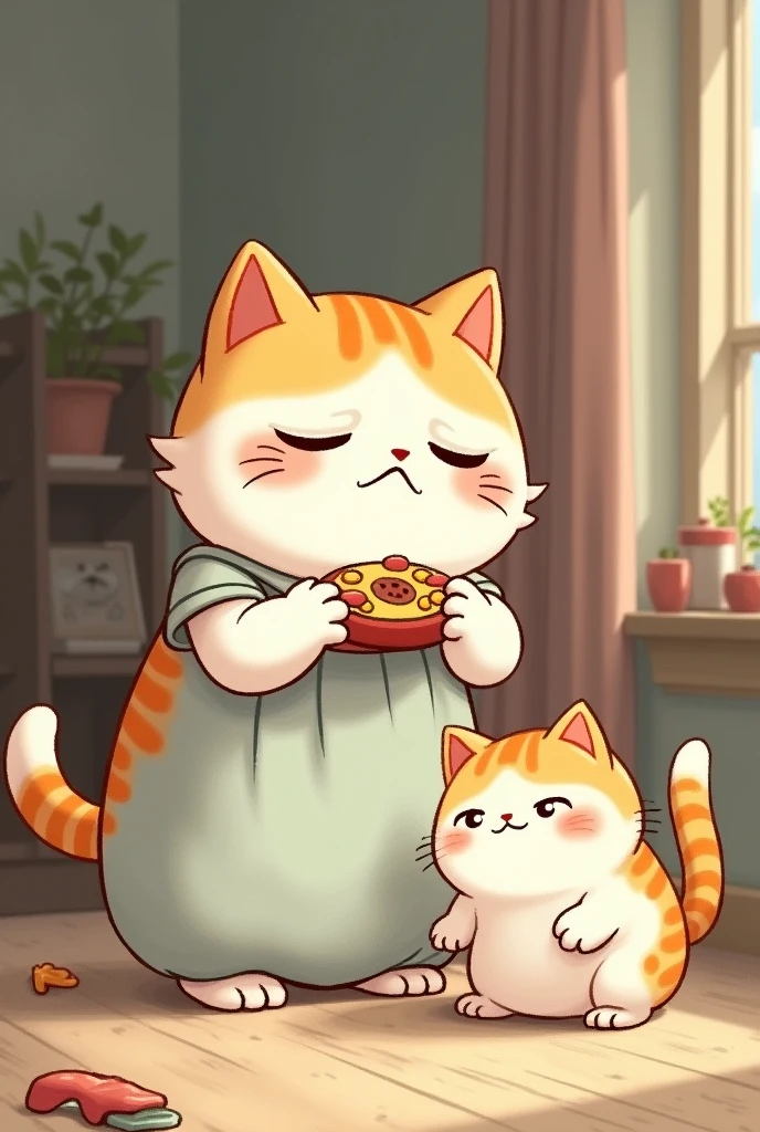 the small white yellow fat cat mother cat in dress is  scolding him in the room.the mother cat  snatching the game from small white yellow fat cat in the room