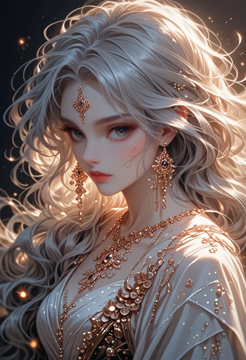 masterpiece, Superb fashion, (fashion Costume), (illustration), (2 people), Beautiful Young Couple, (Russian Mill Style), fashion, silver hair, (long hair), (dirty hair), (White skin), (dark circles), Beautiful, Dance steps, trend, dark grey,, Close-up, (grandiose background), (chiaroscuro)), Мелкие Detailed faces, Detailed faces, cinematic lighting, (depth of field), uhd, (upper body), Black background