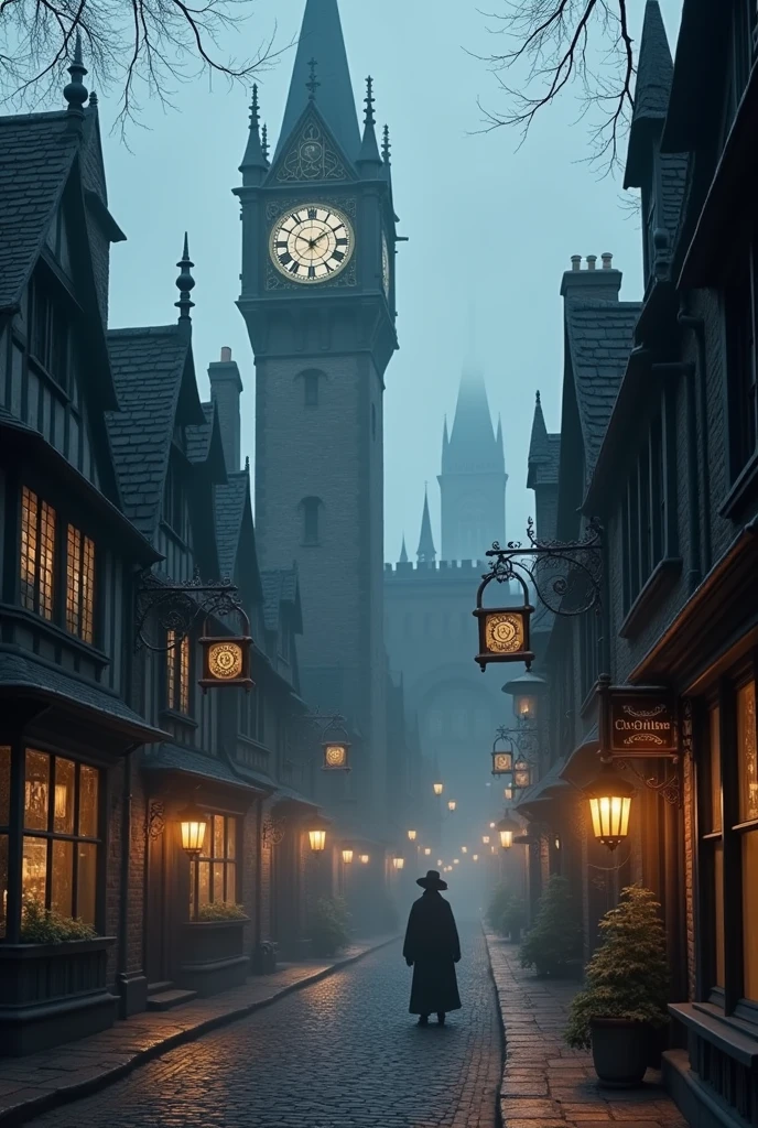 A town with Victorian or Gothic architecture, in the style of *Harry Potter*, It would be a place full of mystery and charm, where each building tells an ancestral story. The streets would be cobbled and narrow., winding between rows of dark brick houses with sloping roofs, pointed towers, and stained glass windows that cast soft light onto the floor. The facades would be adorned with ornamental details, like gargoyles, pointed arches, and buttresses that reinforce the structure, giving a solemn and majestic air to the surroundings.
The wrought iron street lamps, with flickering and weak lights, They light up the streets in the mist of the night, while brick chimneys belch smoke from the houses, bringing a burnt wood aroma. Small shops with hanging wooden signs, written in ancient calligraphy, line the alleys; Their shop windows display curious items, like writing pens, Leather bound books, and mysterious potions. A large tower clock, crowning a central square, marks time with a deep, resonant sound, while the bells of a nearby Gothic church ring in the distance, enveloping the town in a magical and nostalgic atmosphere.
The air is permeated with a sense of the supernatural, As if a magician could be found in any corner, a fantastic creature or the entrance to a secret passage. The village is a place where history and fantasy intertwine, creating a perfect setting for mystical adventures and hidden discoveries.