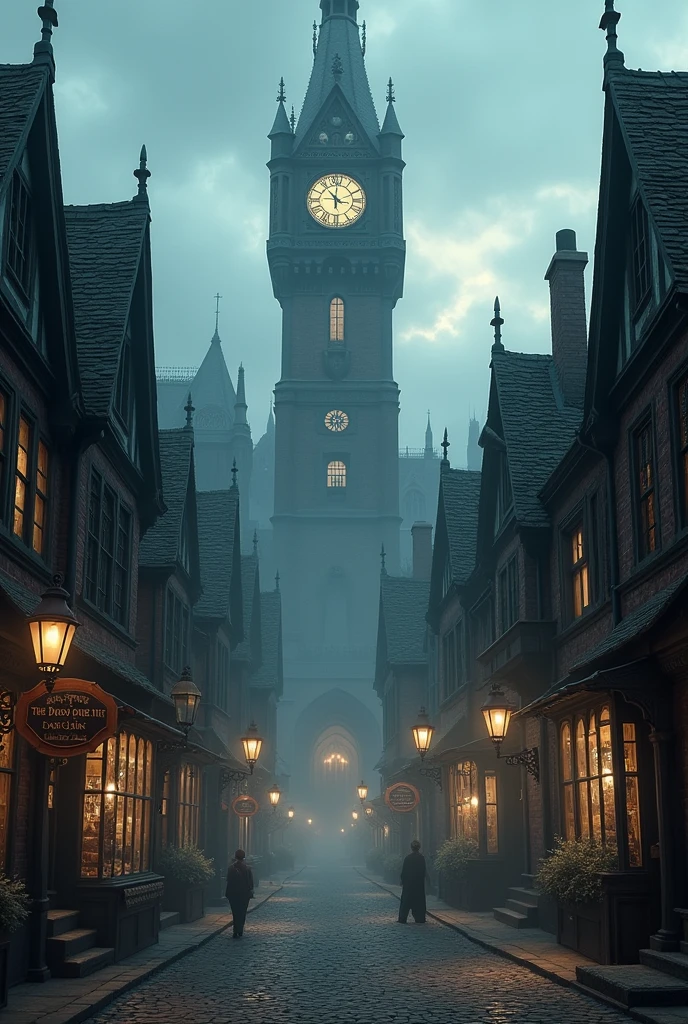 A town with Victorian or Gothic architecture, in the style of *Harry Potter*, It would be a place full of mystery and charm, where each building tells an ancestral story. The streets would be cobbled and narrow., winding between rows of dark brick houses with sloping roofs, pointed towers, and stained glass windows that cast soft light onto the floor. The facades would be adorned with ornamental details, like gargoyles, pointed arches, and buttresses that reinforce the structure, giving a solemn and majestic air to the surroundings.
The wrought iron street lamps, with flickering and weak lights, They light up the streets in the mist of the night, while brick chimneys belch smoke from the houses, bringing a burnt wood aroma. Small shops with hanging wooden signs, written in ancient calligraphy, line the alleys; Their shop windows display curious items, like writing pens, Leather bound books, and mysterious potions. A large tower clock, crowning a central square, marks time with a deep, resonant sound, while the bells of a nearby Gothic church ring in the distance, enveloping the town in a magical and nostalgic atmosphere.
The air is permeated with a sense of the supernatural, As if a magician could be found in any corner, a fantastic creature or the entrance to a secret passage. The village is a place where history and fantasy intertwine, creating a perfect setting for mystical adventures and hidden discoveries.