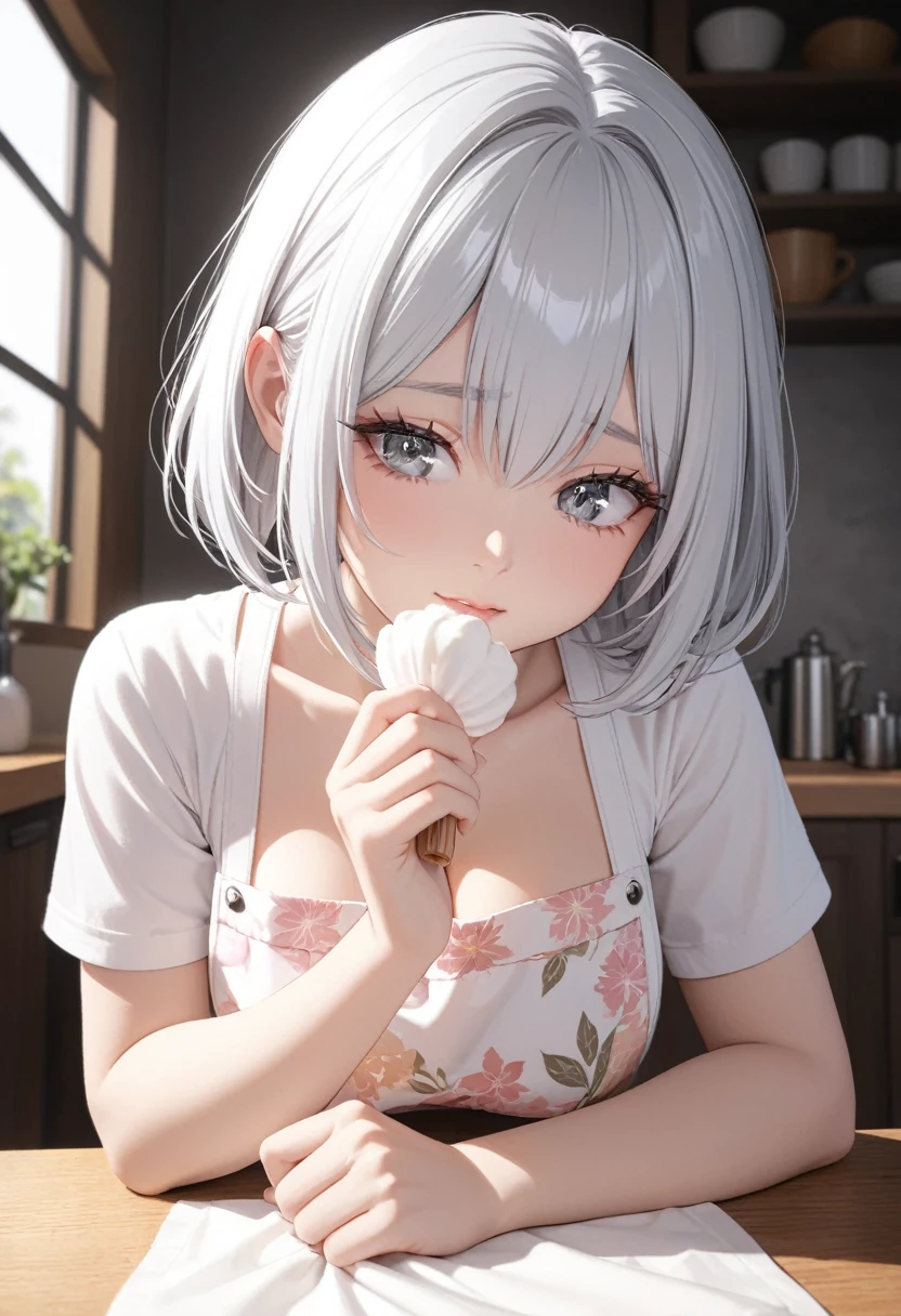 masterpiece, glowing particles, ambient lights, cute, full body detailed, 32K, high details, perfect lighting, perfect anatomy, soft light, BREAK ((shiny silver hair)), bob cut, bang between eyes, beautiful hair), (glossy silver eyes:1.5), (beautiful eyes, twinkle eyes, large eyes, close eyes), BREAK (athlete body, large breasts), cute face, beautiful face, pretty face, beautiful, best quality, good anatomy, long eyelashes, expressive eyes, Perfect Hands, BREAK 1girl, pink botanical print apron, white shirt, short sleeves, afternoon, dining room, she is holding a cream pastry bag and squeezing the dough of the macarons onto kitchen paper,