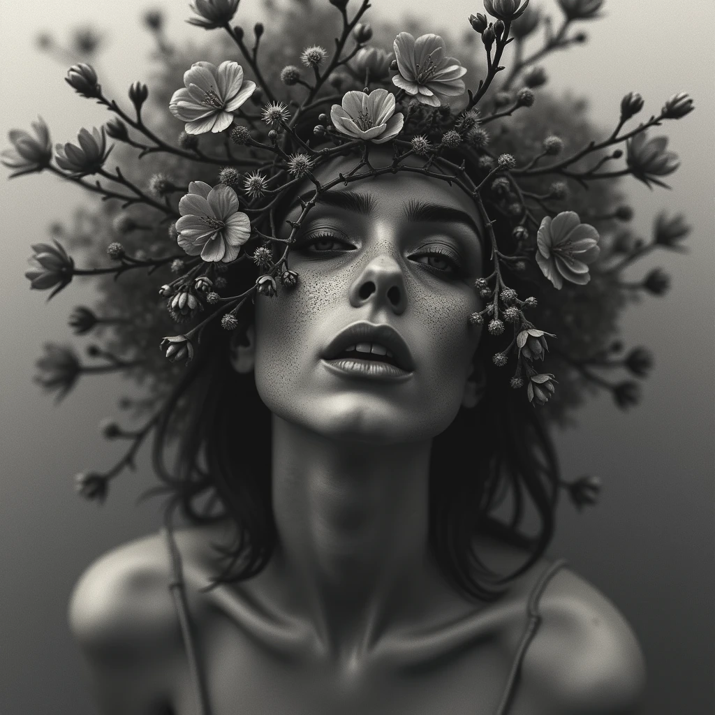 An allegorical portrait of a person consumed by , their face adorned with blooming flowers and thorny vines (jpeg artifacts,low quality,blurry,worst quality,Monochrome portrait),surreal,grain texture,