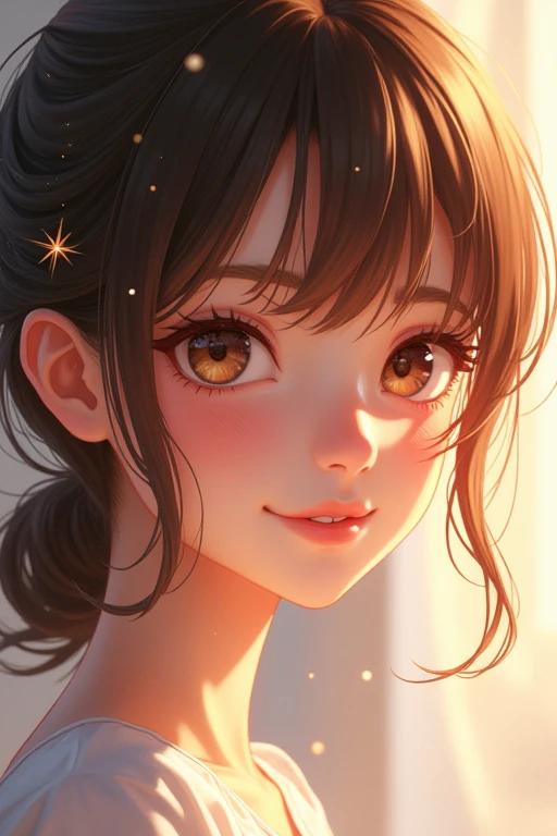 Gaze, Simple Background, High resolution, masterpiece, accurate, Anatomically correct, Highest quality, detail, Brown Hair, Blushing, smile, Character profile, Multiview, Sparkle Effect, moving line, far and near method, Backlight, Concentrated line, Motion Blur, abstract, 