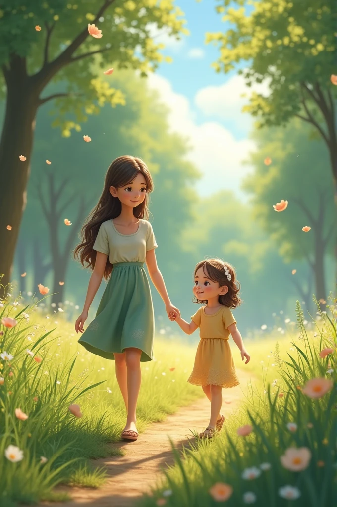 Mom with her daughter in the field walking in beautiful nature 