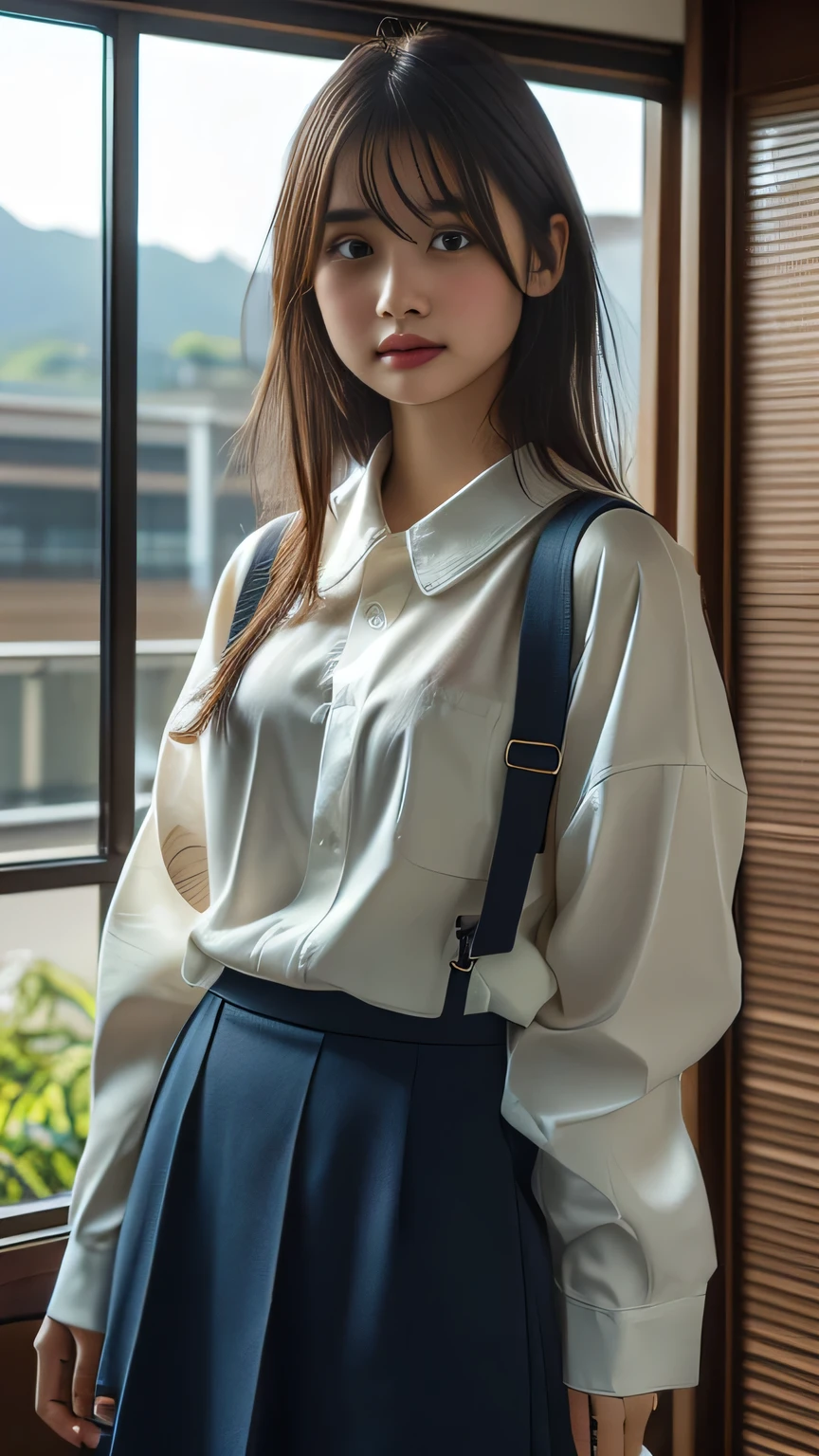 (Highest quality,4K,8k,High resolution,Flying debris:1.2),Very detailed,(Realistic,photoRealistic,photo-Realistic:1.37), Studio Lighting,Ultra-fine painting,Sharp focus,Physically Based Rendering, Extremely detailed,Professional,Bright colors, Bokeh, Portraiture, landscape, Beautiful bob haircut、pretty girl,Brown Hair、 Beautiful Eyes,Ample breasts, (The Great Depression is about to burst:1.20)、thin body type、thin、thin脚,Big Ass,White shirt,Black culotte skirt, White sneakers,School, Beautiful girl in the photo, Sunshine Coast, View your audience, smile, Japanese Idols,