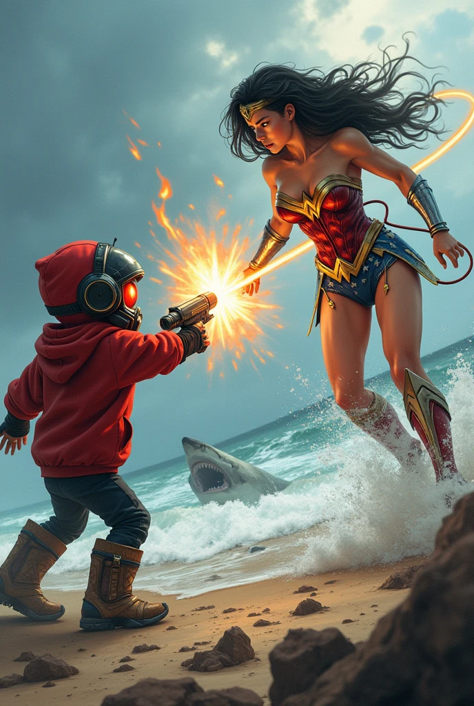 ??? & Wonder woman fath with red hoodie, Rocket boots, headphones, Laser guns, star-lord helmet, gas helmet, Covered mouth, Round, red eyes, big breasts, perfect body, Busty, realistic, power, Kick, Attack, magic rings in the hands, Fighting, power, fiction, full body, 2 persons, magic lasso, hight, fall, fire in boots, powerful spells, realistic, war, ocean, spells, sleep,  hug, sharks