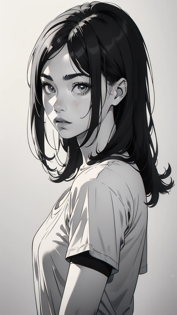 1 korean boyish girl, solo, sharp eyes, monochrome, greyscale, shoulder length black hair, portrait, blank white T-shirt, Thin eyebrows, closed mouth, looking at viewer, graphite \(medium\), detailed lips, hatching \(texture\), without makeup, (bangs), upper body, (best illustration), (best quality), (very detailed), (masterpiece), expressionless,