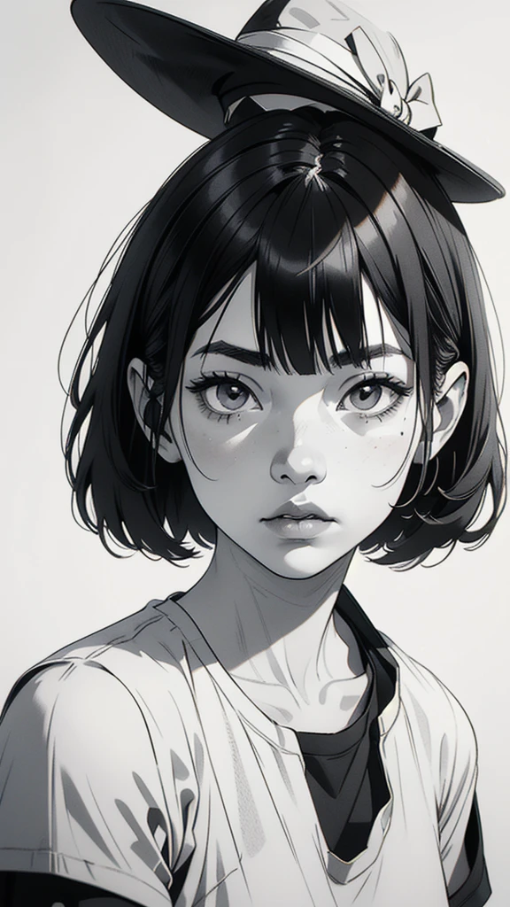 1 korean boyish girl, solo, sharp eyes, monochrome, greyscale, shoulder length black hair, portrait, blank white T-shirt, Thin eyebrows, closed mouth, looking at viewer, graphite \(medium\), detailed lips, hatching \(texture\), without makeup, (bangs), upper body, (best illustration), (best quality), (very detailed), (masterpiece), expressionless,