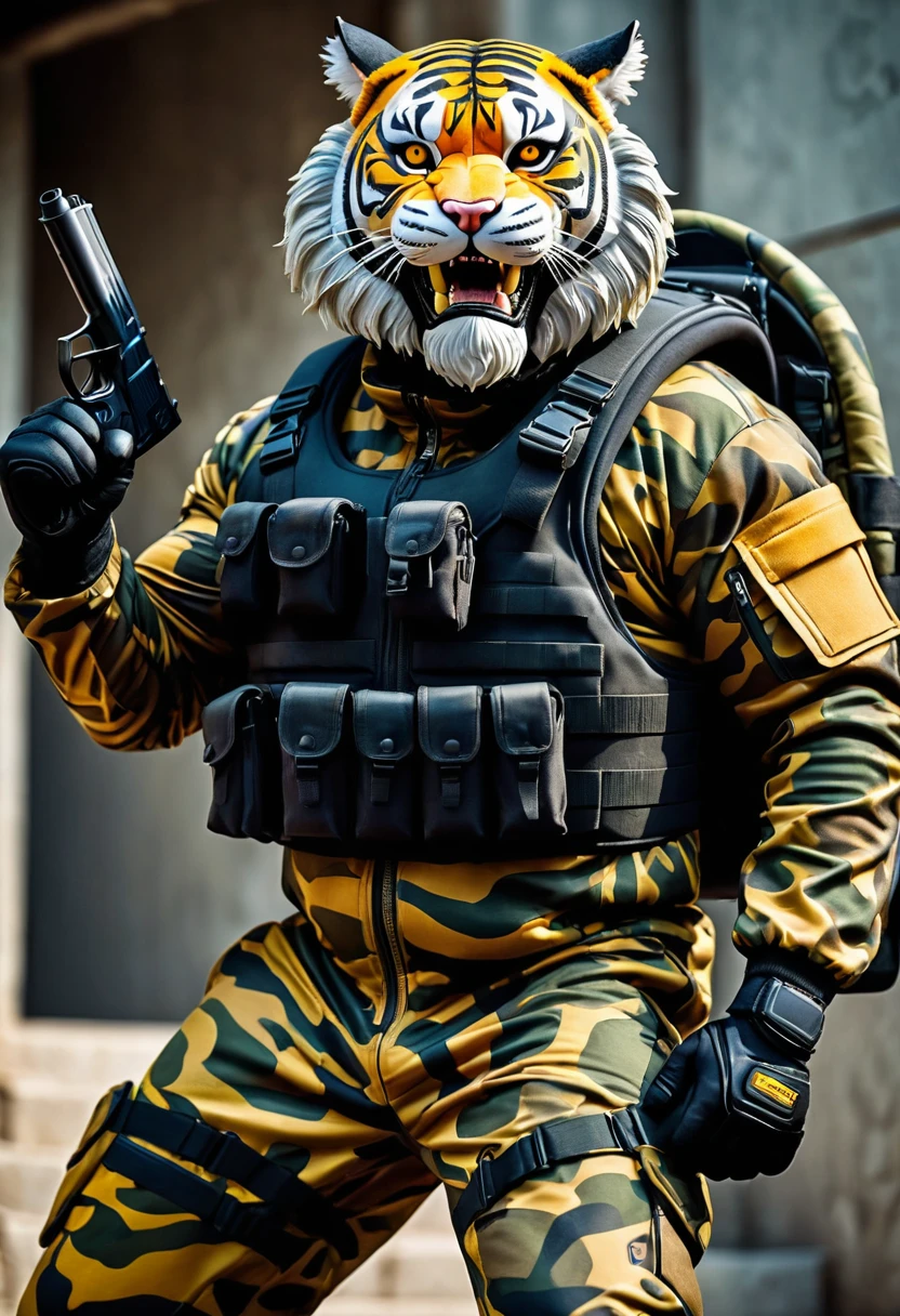 (a dark-skinned bearded fat muscular old man in a bulky army camouflage zipper diver suit) carrying a gun, (wearing a small-sized realistic roaring tiger mask), dynamic action pose, fierce expression, showcasing an imposing stature, surrounded by military elements, dramatic shadows and intense highlights, cinematic color tones, high detail, powerful, art influenced by Bruce Onobrakpeya and Stanley Artgerm, ultra-detailed, best quality image, action-packed atmosphere. thumbs up pose