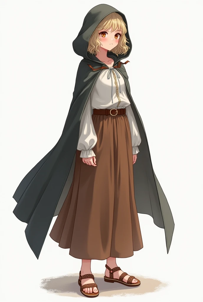 Young woman, in a brown long skirt, in a white shirt, in a dark gray floor-length cape with a hood on his head, curly short blonde hair, brown eyes, in woven sandals, anime art, masterpiece, realistic professional quality, super detail