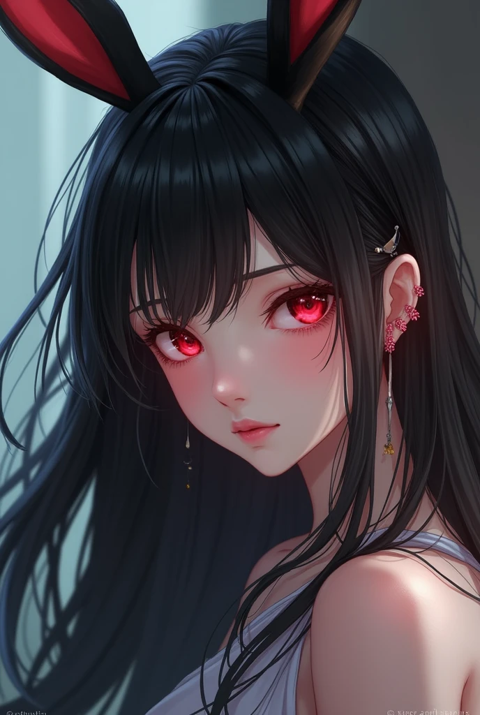 Solo, 1girl, Long Hair, High Resolution, Breasts, Blush, Red Eyes, Black Hair, Closed Eyes, Earrings, Rabbit Ears, Lens Flare, Accurate, Best Quality,