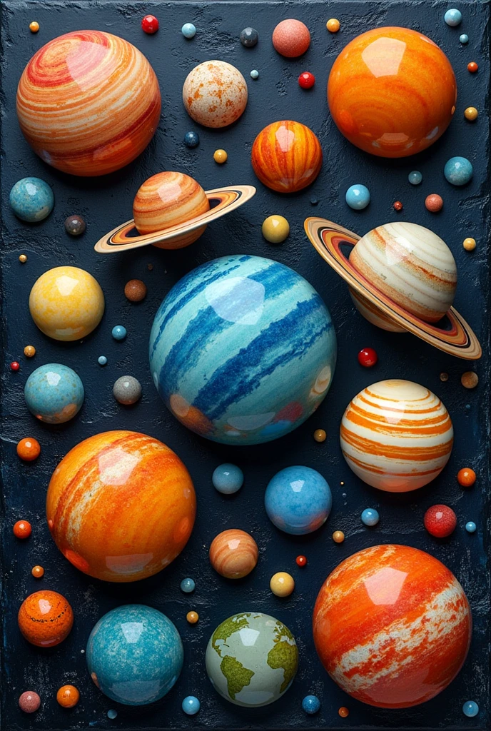A universe made of glazed ceramic planets with vibrant colors