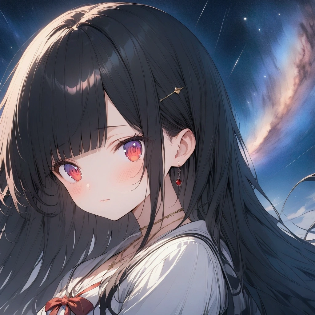 (((anime))) Woman blinking,sad,despair,student,Long Hair,Fluffy long hair,Catch the wind,(Black Hair),Diagonal bangs,necklace,gloves,Red eyes,Big eyes,Lonely,Western-style uniform,magical sky,Milky Way,moonlight,Distorted Space-Time,masterpiece,Highest quality,Exquisite,8k,Absurd,Ultra-fine illustrations,(View your audience)
