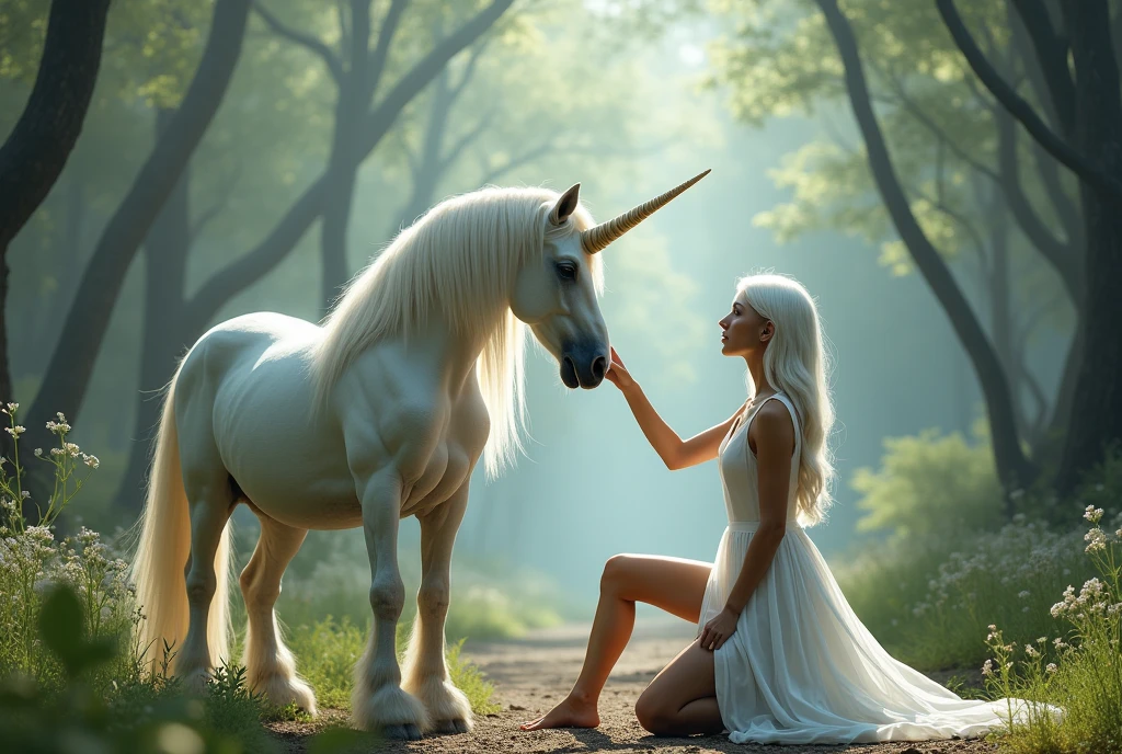 (photorealism:1.2), ((Sexy beautiful girl, cute, Russian beauty, 2, a thin fit body white hair)), ((Highest quality)), wearing long flowing white gown, knelling on the ground, of a magical fantasy forest, reached out, (reaching up), (not touching), to pet a Large white Unicorn's nose, (Unicorn extra-long thick mane), pointed spiraling horn on its head, respectful, humble to be in the presence of such a majestic animal,
