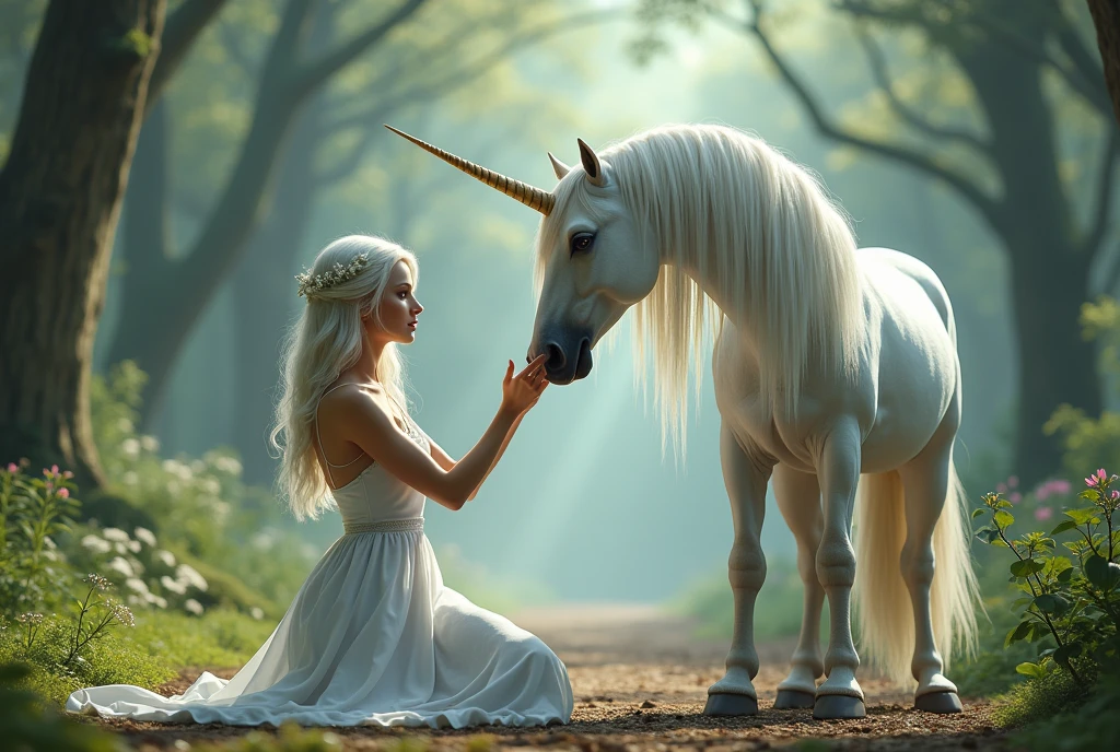 (photorealism:1.2), ((Sexy beautiful girl, cute, Russian beauty, 2, a thin fit body white hair)), ((Highest quality)), wearing long flowing white gown, knelling on the ground, of a magical fantasy forest, reached out, (reaching up), (not touching), to pet a Large white Unicorn's nose, (Unicorn extra-long thick mane), pointed spiraling horn on its head, respectful, humble to be in the presence of such a majestic animal,