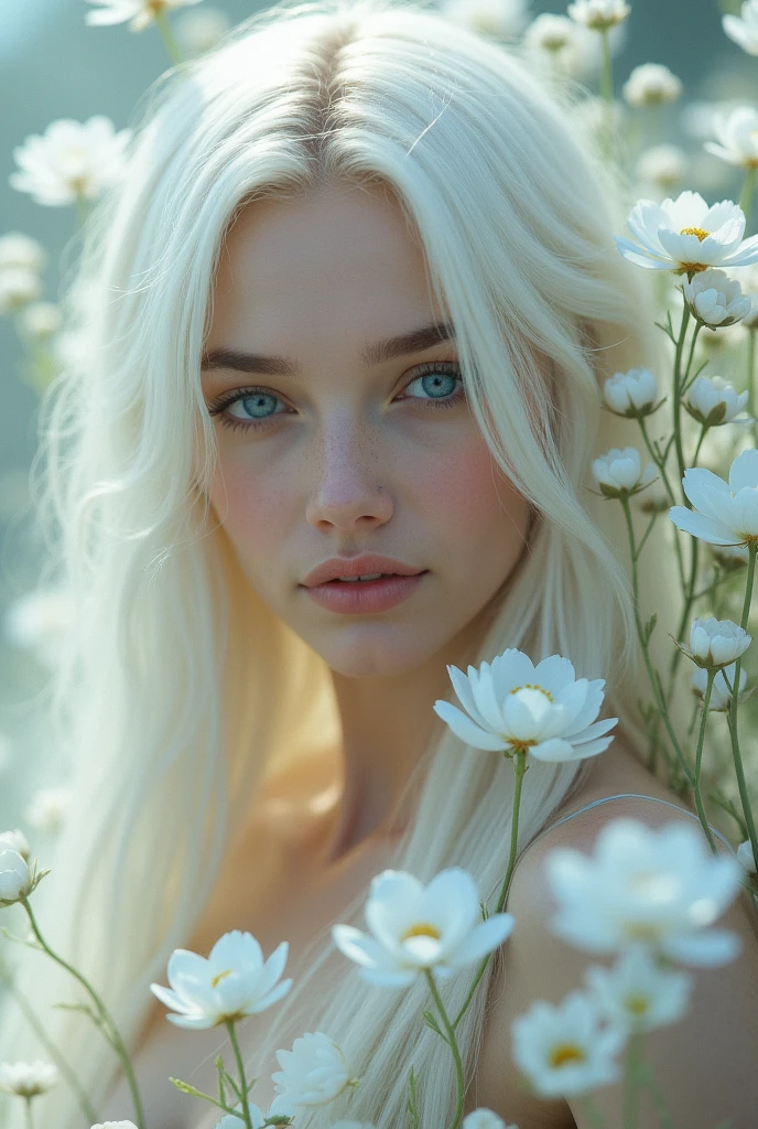 Create a picture of a woman , blue eyes ,Long straight hair , Platinum blonde hair , There are white flowers all around like magic. , strong , gentle , Young face