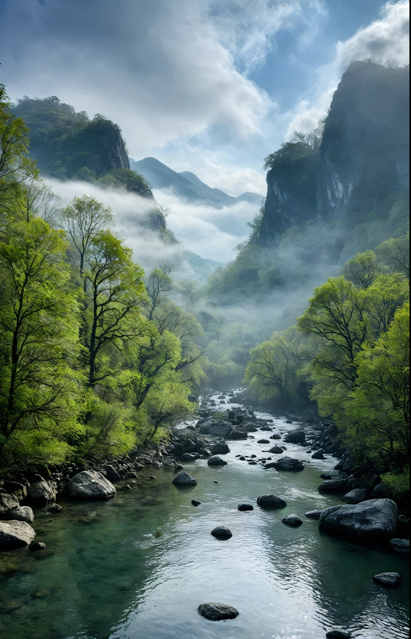 Stream water is clear and transparent，The trees are also green，The whole picture is surrounded by clouds and mist，There are several bare rock mountains behind,Clouds and mist，A bird flies across the screen.
