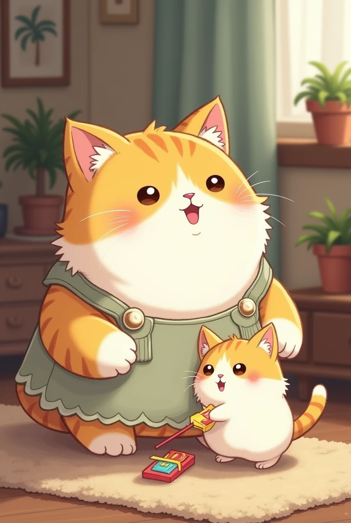 the small white yellow fat cat mother cat in dress is scolding him in the room.the mother cat snatching the game from small white yellow fat cat in the room
