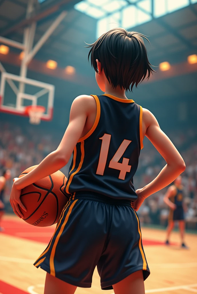 basketball、gym、Number 14 Name AN、The uniform is stylish black.、A lively girl、Short Hair、Sweat、energy、cool、Real、4K、Dashing、Back view shooting scene
