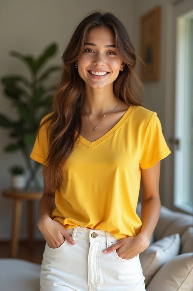 Yellow t shirt white jeans wearing beutiful girl at home