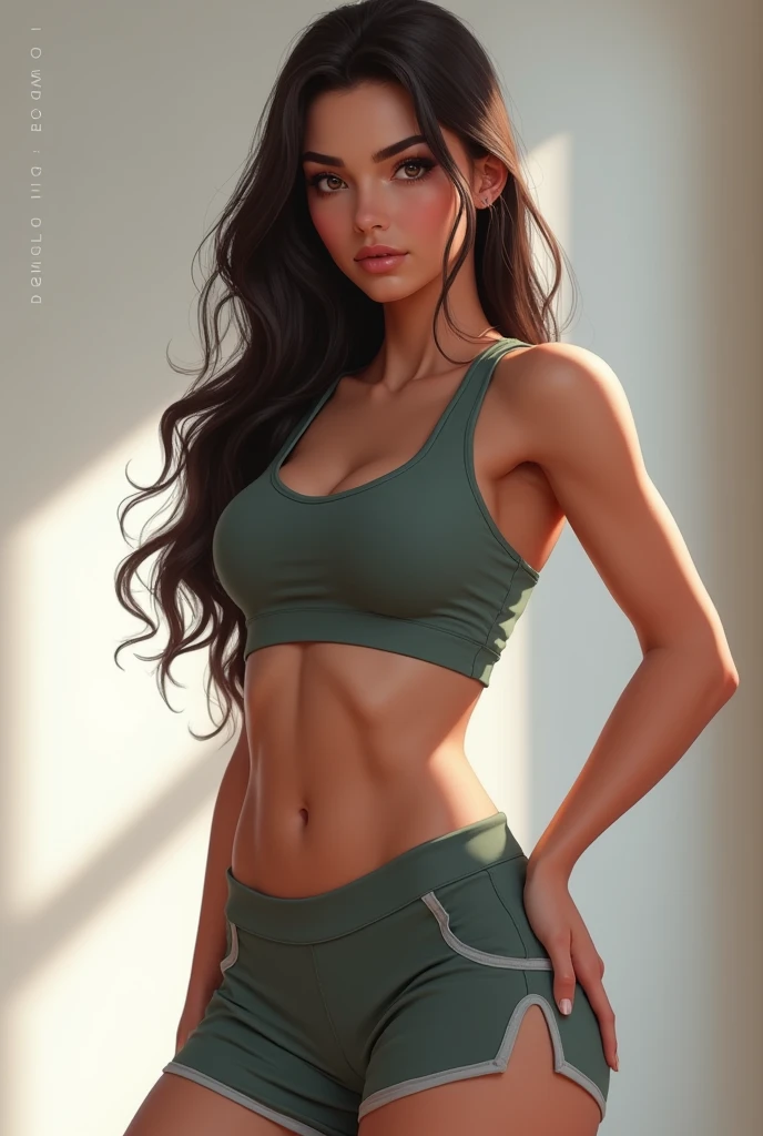 A girl in shirt and bra with big boobs and abs