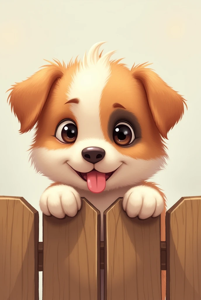 Drawing of an adorable puppy with a spot on his right eye sticking his tongue out, peeking over a fence with his paws