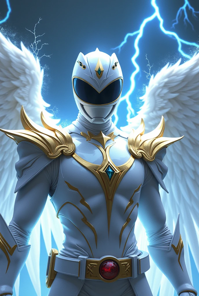 create a unique an epic and elegant  ranger with gold accents in his armor and small wings on his shoulders. And blue lightning bolts in the background. The image must show from  and up