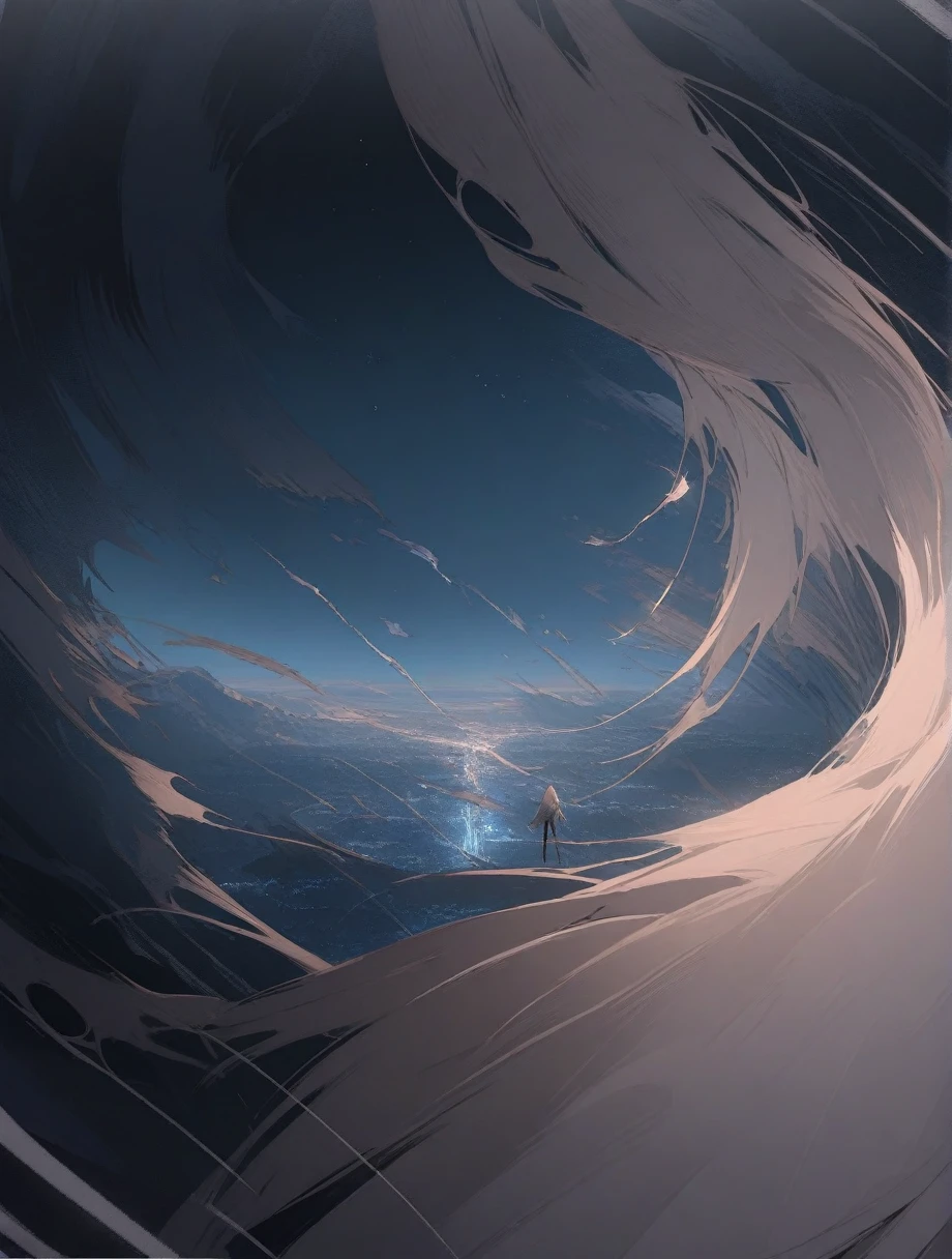score_9, score_8_up, score_7_up, score_anime, masterpiece, top quality, delicate illustration, sharp lines, sharp focus, BREAK, a traveling girl wandering in the endless night world, the girl wears a hood and has a lot of stuff in her backpack, night , fantastic landscape, beautiful scenery, harmony with nature, spectacular view, space city, (((torn clothes))), (((torn hood)))