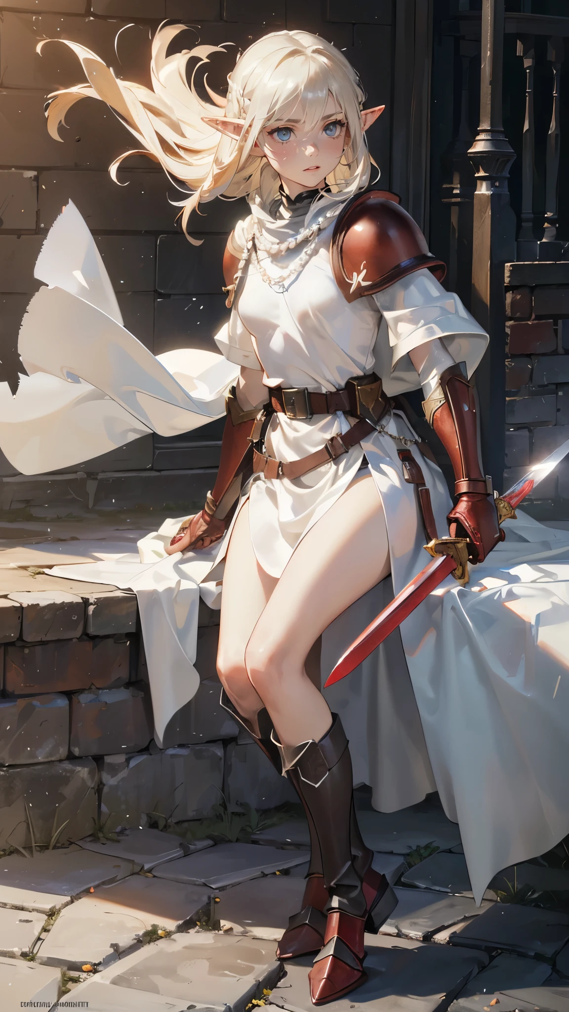 masterpiece, ultra detailed, 8K Portrait, Raw photo, a portrait photo of, Highly detailed face, beautiful and meticulous eyes, ((Fantasy)), Young beautiful, (((expressionless))), (((Mature look))), (((woman soldier))), ((elf)) tall, center parted messy hair, brave face, (((skin as white as pearl))), ((blond)), (((white silk short cloak))) Fluttering in the wind, (((black and red leather armor))), iron boots, ((holding a short sword)), (((equip a small shield))), Midday Sun, Hyper realistic, Body model, Small breasts, Beautiful breasts, Long legs, in a castle, Ambient lighting, Shadow details , Camera focus on face, strong breeze, Light fog