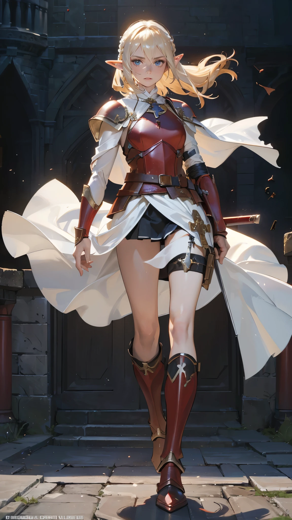 masterpiece, ultra detailed, 8K Portrait, Raw photo, a portrait photo of, Highly detailed face, beautiful and meticulous eyes, ((Fantasy)), Young beautiful, (((expressionless))), (((Mature look))), (((woman soldier))), ((elf)) tall, center parted messy hair, brave face, (((skin as white as pearl))), ((blond)), (((white silk short cloak))) Fluttering in the wind, (((black and red leather armor))), iron boots, ((holding a short sword)), (((equip a small shield))), Midday Sun, Hyper realistic, Body model, Small breasts, Beautiful breasts, Long legs, in a castle, Ambient lighting, Shadow details , Camera focus on face, strong breeze, Light fog