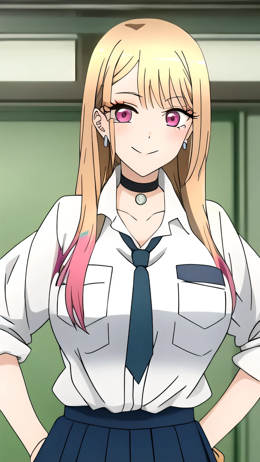 marin, 1girl, solo, long_hair, looking_at_viewer, smile, bangs, blonde_hair, shirt, red_eyes, jewelry, closed_mouth, huge_breast, school_uniform, collarbone, white_shirt, upper_body, multicolored_hair, earrings, necktie, choker, collared_shirt, indoors, pink_eyes, eyelashes, makeup, black_choker, parody, anime_coloring, hands on hips,