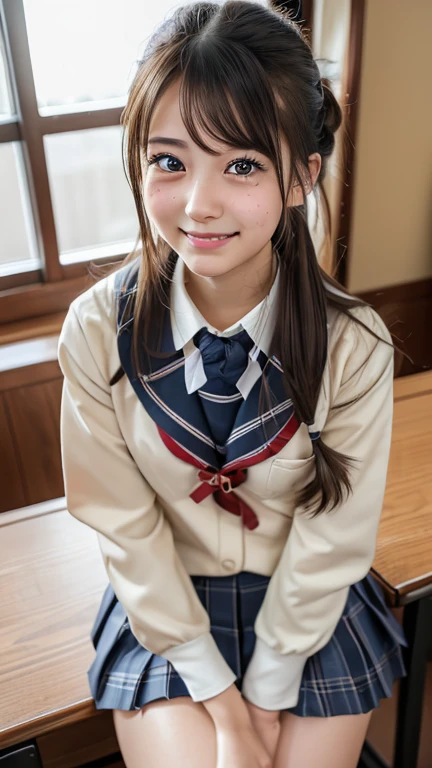 (8k, Photorealistic, RAW Photos, Best image quality: 1.4), Japanese girl、Super detailed face、Eye on the details、double eyelid、Sharp focus:1.2、Beautiful woman:1.4、Light brown hair、Highest quality、masterpiece、Ultra-high resolution、(Photorealistic:1.4)、非常に詳細でプロフェッショナルに照らされたsmile、(Japanese high school uniform:1.5)、blush、amount、Small breasts、Hair Bun、From above、High angle、smile、Selfie、freckles、classroom,Sitting at a desk、Knee-high socks、On your knees