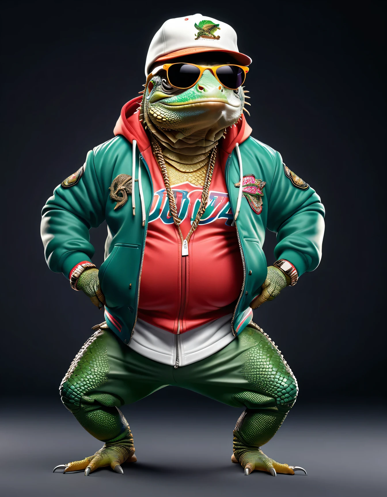photorealistic portrait of Dressed animals - a ((fat)) (iguana) hip hop dancer,(hands on hips:1.5), high quality,(lovely) ,intricate details, highly detailed ((hip hop fashion)) ,(wearing sunglasses:2.0), (cap, pants, sneakers),(wearing a jacket and hoodie) ,, wearing sunglasses, (happy), studio lighting,(full body image:1.5),score_9, score_8_up, score_7_up, score_6_up, score_5_up, score_4_up,