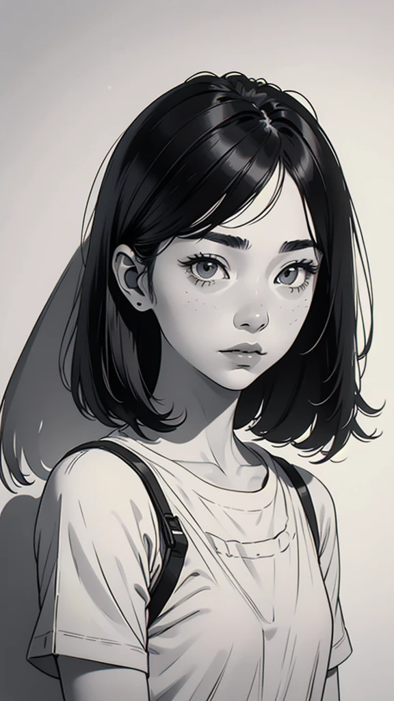 1 korean boyish girl, solo, sharp eyes, monochrome, greyscale, shoulder length black hair, portrait, blank white T-shirt, Thin eyebrows, closed mouth, looking at viewer, graphite \(medium\), detailed lips, hatching \(texture\), without makeup, (bangs), upper body, (best illustration), (best quality), (very detailed), (masterpiece), expressionless,