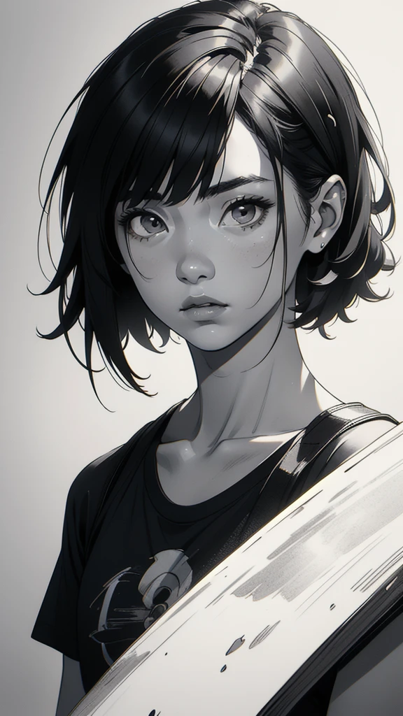 1 korean boyish girl, solo, sharp eyes, monochrome, greyscale, shoulder length black hair, portrait, blank white T-shirt, Thin eyebrows, closed mouth, looking at viewer, graphite \(medium\), detailed lips, hatching \(texture\), without makeup, (bangs), upper body, (best illustration), (best quality), (very detailed), (masterpiece), expressionless,