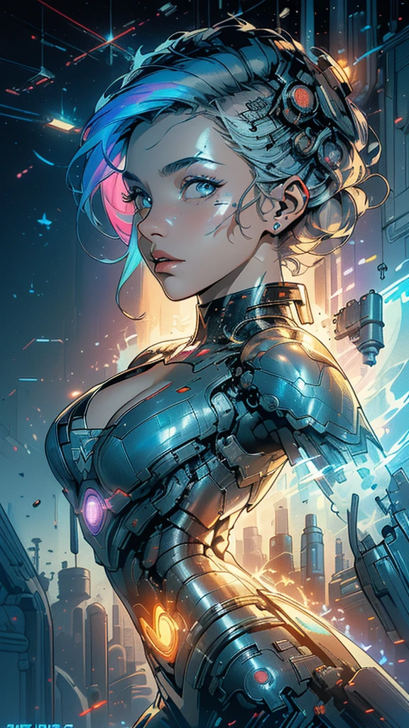 (((masterpiece, highest quality))),(((solo:1.2))),(((1girl:1.2))),32k wallpaper, very detailed, poster, vintage science fiction,(((((geometric cinematic movie poster))))), ((((bauhaus)))),(((abstract))),((((mid century modern)))),(((((portfolio))))),(((((Close-up))))),(((((bust up))))),((((more various angle)))),(((highlight))),(((complete. detailed face))),(((Extremely talented))),(((most complecated machine))),(((Overall colorfully))),((((((Absolutely simple background)))))),(((((detailed futuristic machine))))),(((Cleavage))),(((marvel super heroes))),(((rainbow color scheme))),(((Very detailed UI))),(((So many meters))),(((Perpetual Motion Machine)))
