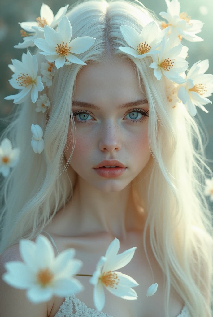 Create a picture of a woman , blue eyes ,Long straight hair , Platinum blonde hair , There are white flowers all around like magic. , strong , gentle , Young face