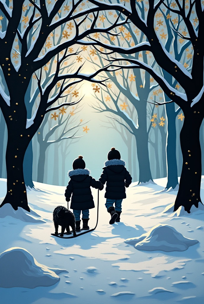 Jiro Takihira Style、A fusion of stained glass-like cutouts and shadow art, Black construction paper images, The overlapping pieces of paper are pasted in a staggered fashion.、White cut out snowflakes and piled up snow, Snowscape painting, Glittering gold dust, 2.5D, Subtle and dynamic effects, Glitter effect, Children pulling a sled、artistic, CG digital art