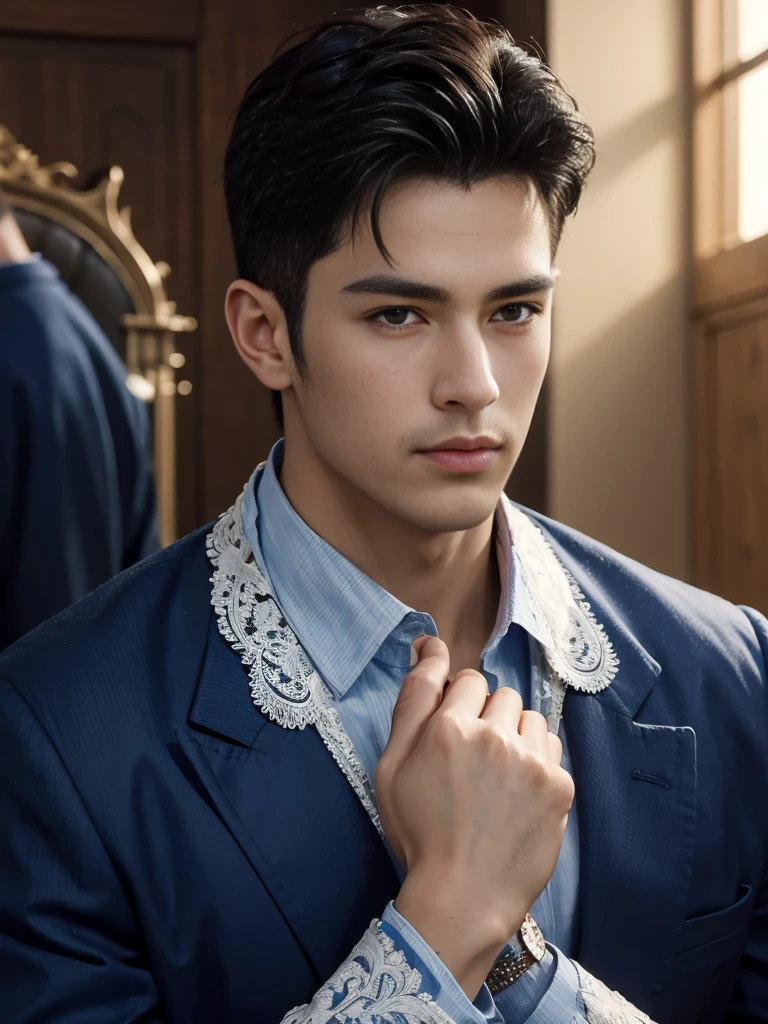 ((masterpiece)),((best quality)),8K,high detail,Very detailed, Very manly,3 men, like,fashion pose, Realistic skin texture, Light,
Royal blue style couple,Perfect hand details