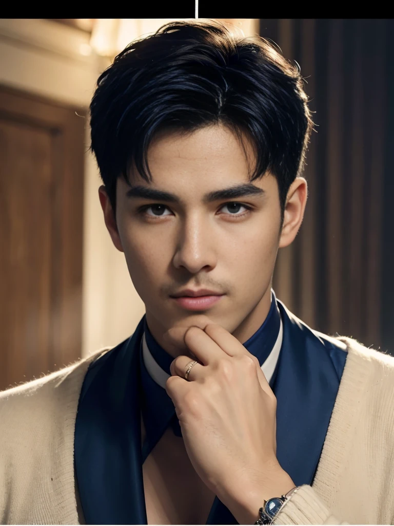 ((masterpiece)),((best quality)),8K,high detail,Very detailed, Very manly,3 men, like,fashion pose, Realistic skin texture, Light,
Royal blue style couple,Perfect hand details