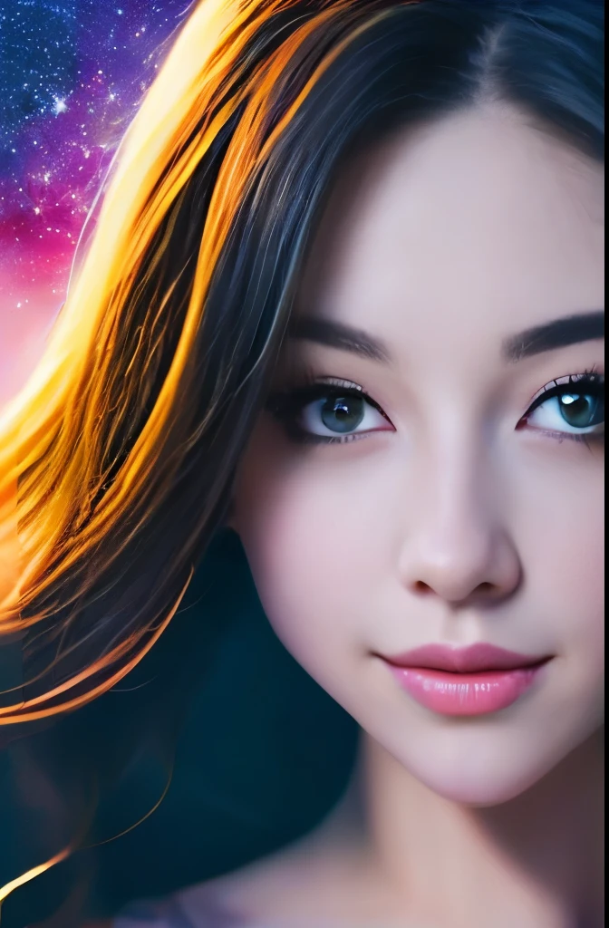 High detail, super detail, super high resolution, girl enjoying her time in the dream galaxy, surrounded by stars, warm light sprinkled on her, background is starry sky with colorful galaxies and galaxy clouds, stars flying around her, delicate face, adding playful atmosphere