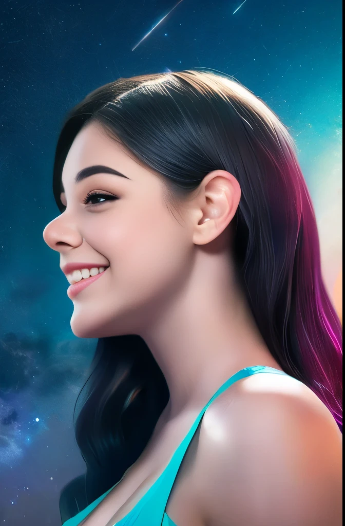 High detail, super detail, super high resolution, girl enjoying her time in the dream galaxy, surrounded by stars, warm light sprinkled on her, background is starry sky with colorful galaxies and galaxy clouds, stars flying around her, delicate face, adding playful atmosphere 