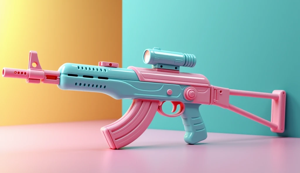Mini double water gun toy,Integrated rifle mount,Q version,Cute color matching,Transparent magazine and scope recessed,(Similar structure to AK47),(Double muzzle:1.3),Smooth lines,Plastic material,Three-color Morandi color matching,high quality,Professional Product Photography,Table background,3d, OC Rendering,8K,