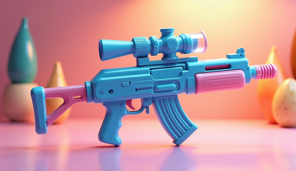 Mini double water gun toy,Integrated rifle mount,Q version,Cute color matching,Transparent magazine and scope recessed,(Similar structure to AK47),(Double muzzle:1.3),Smooth lines,Plastic material,Three-color Morandi color matching,high quality,Professional Product Photography,Table background,3d, OC Rendering,8K,