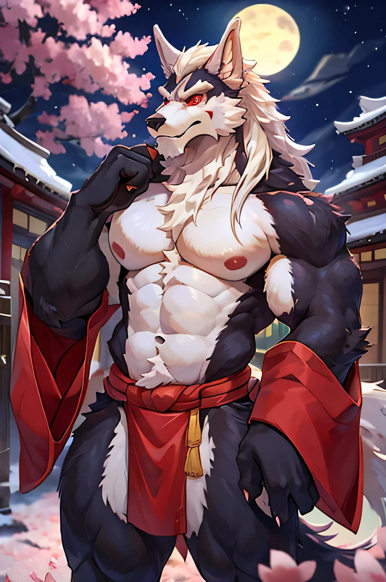  ((Highest quality)), ((masterpiece)), Long white straight hair , Werewolf Beast , male , Upper body naked, the body is slim, black body , White belly , White Face , Keep your groin upright , White Japanese loincloth , Kind eyes,Red eyeliner under the eyes , Red eyes ,Seductive pose, Cherry blossoms in full bloom in a Japanese town under the moonlight , whole body , Front


