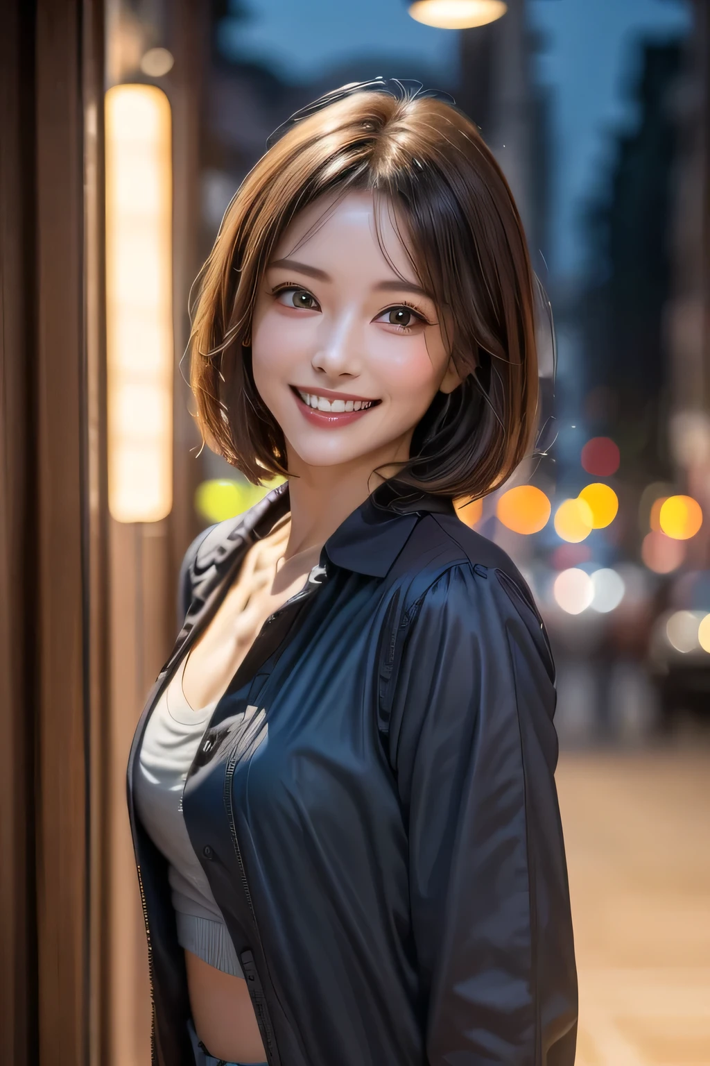 (highest quality, 8k, 32K, masterpiece), (Realistic), (Realistic:1.2), (High resolution), (night:1.7), Japan, cyber punk, 街の景Farbe, In front of the window,Wooden floor, Blue jacket, Grey Shirt, clavicle, jewelry, gem, Brunette Bob, 1 female, 4, (Grin), Beautiful body, beautifulNose, beautifulcharacter design, Perfect Eyes, perfectface, Expressive eyes, View your viewers, Center the image, (Cowboy Shot), Official Art, Very detailed CG Unity 8k wallpaper, Perfect lighting,Farbeful, bright_front_face_Lighting,Glowing Skin, (masterpiece:1.0),(Highest_quality:1.0), 超High resolution,4K,Very detailed, photograph, 8k, High resolution, High resolution, absurdes:1.2, Kodak Port 400, Film Grain, Blurred Background, bokeh:1.2, Lens flare, (Vibrant_Farbe:1.2) (beautiful,chest), (beautiful_face:1.5),(narrow_Waist)