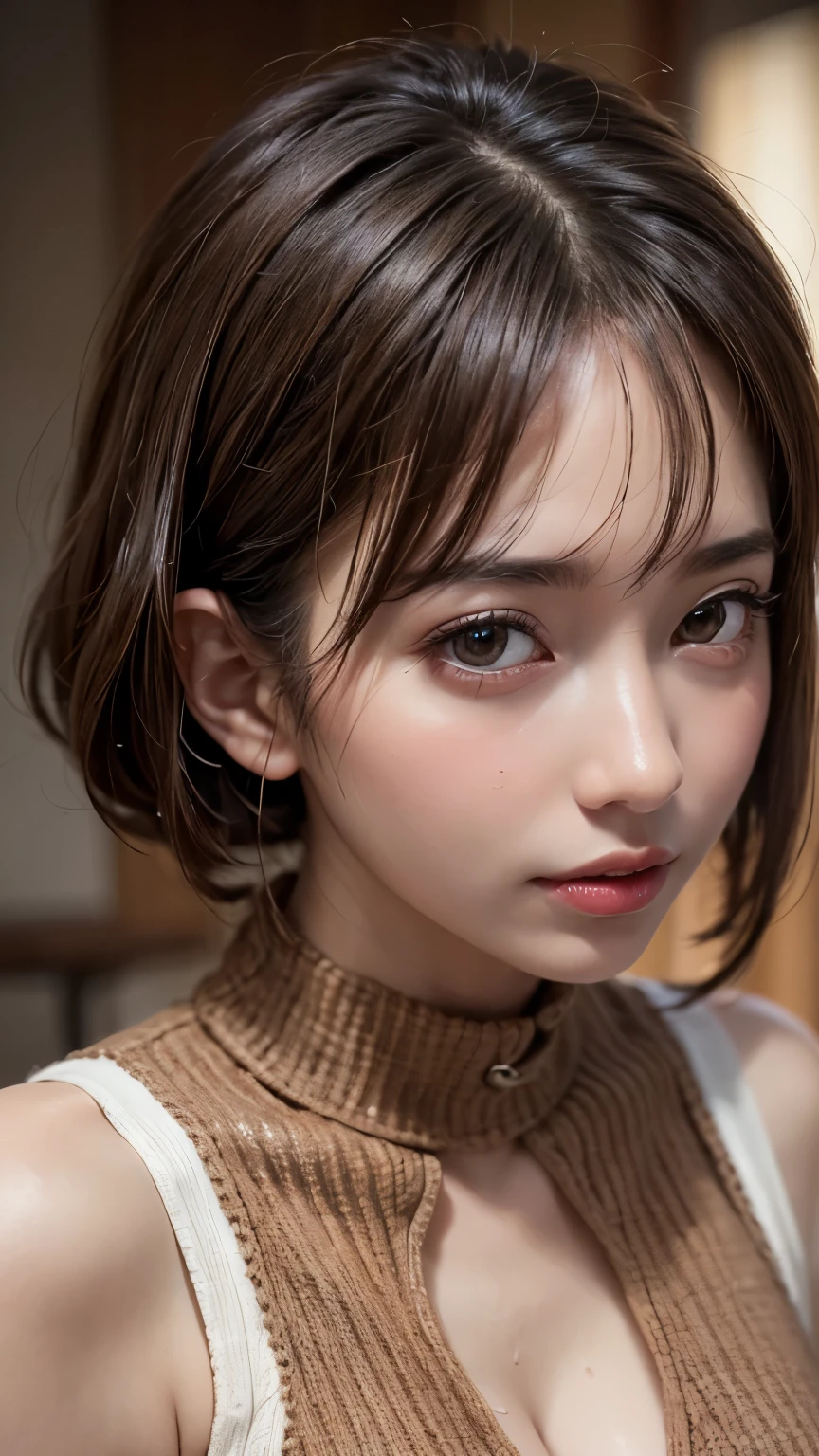 (Ultra-realistic), (shape), (High resolution), (In 8K), (Very detailed), (Best shape), (Beautiful details), (Highest quality), (Very detailedな), (wallpaper), (Detailed face), Droopy eyes, Sweat a lot, Upper body close-up,  Underarm,short hair,Girl wearing sleeveless sweater, Japanese, Her cleavage is visible, (Camel Toe)