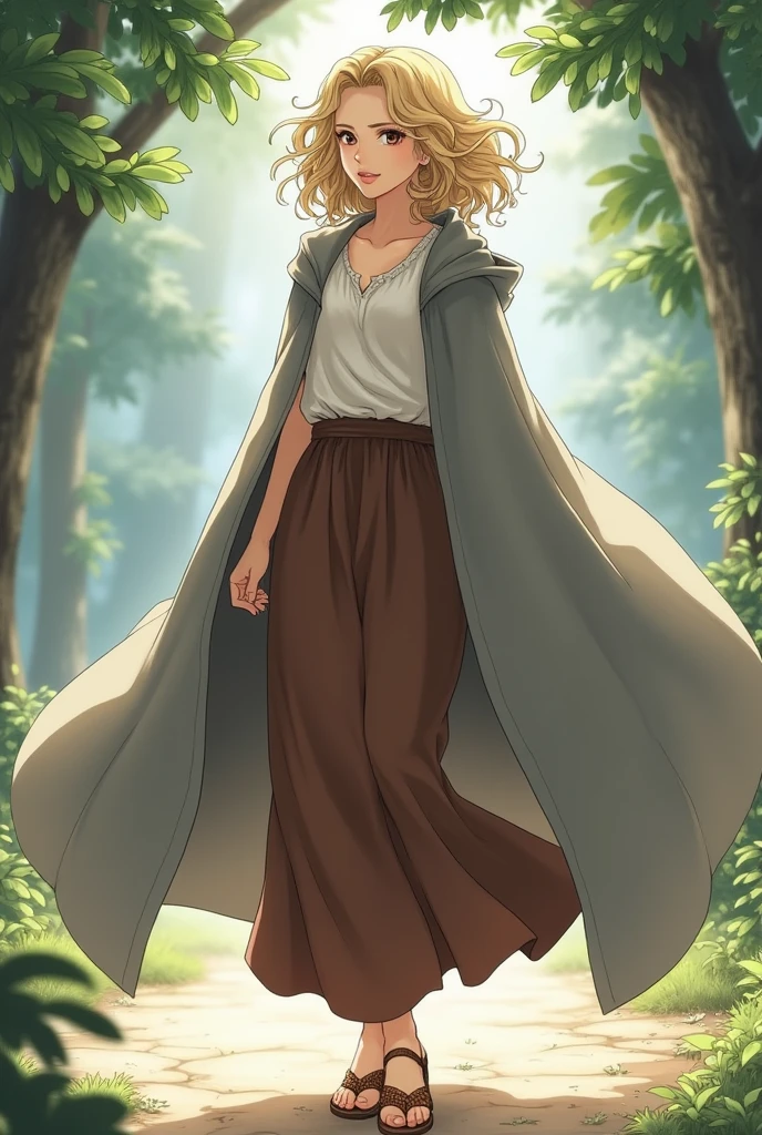 The girl is grown up, in a brown long skirt, in a white shirt, in a dark gray floor-length cape with a hood on his head, curly short blonde hair, brown eyes, in woven sandals, anime art, masterpiece, realistic professional quality, super detail