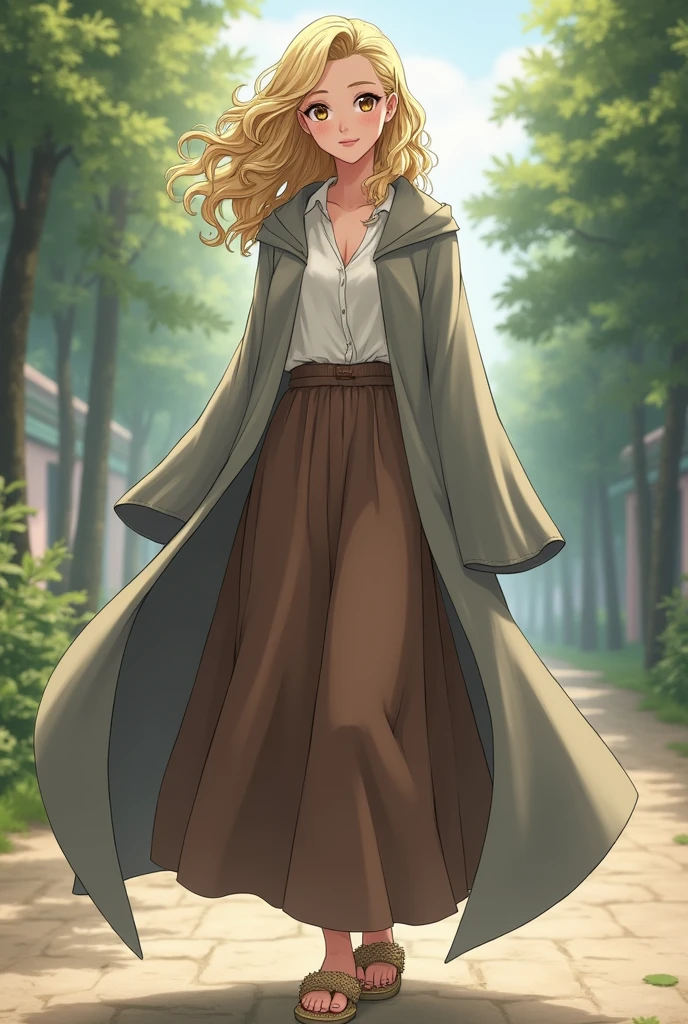The girl is grown up, in a brown long skirt, in a white shirt, in a dark gray floor-length cape with a hood on his head, curly short blonde hair, brown eyes, in woven sandals, anime art, masterpiece, realistic professional quality, super detail